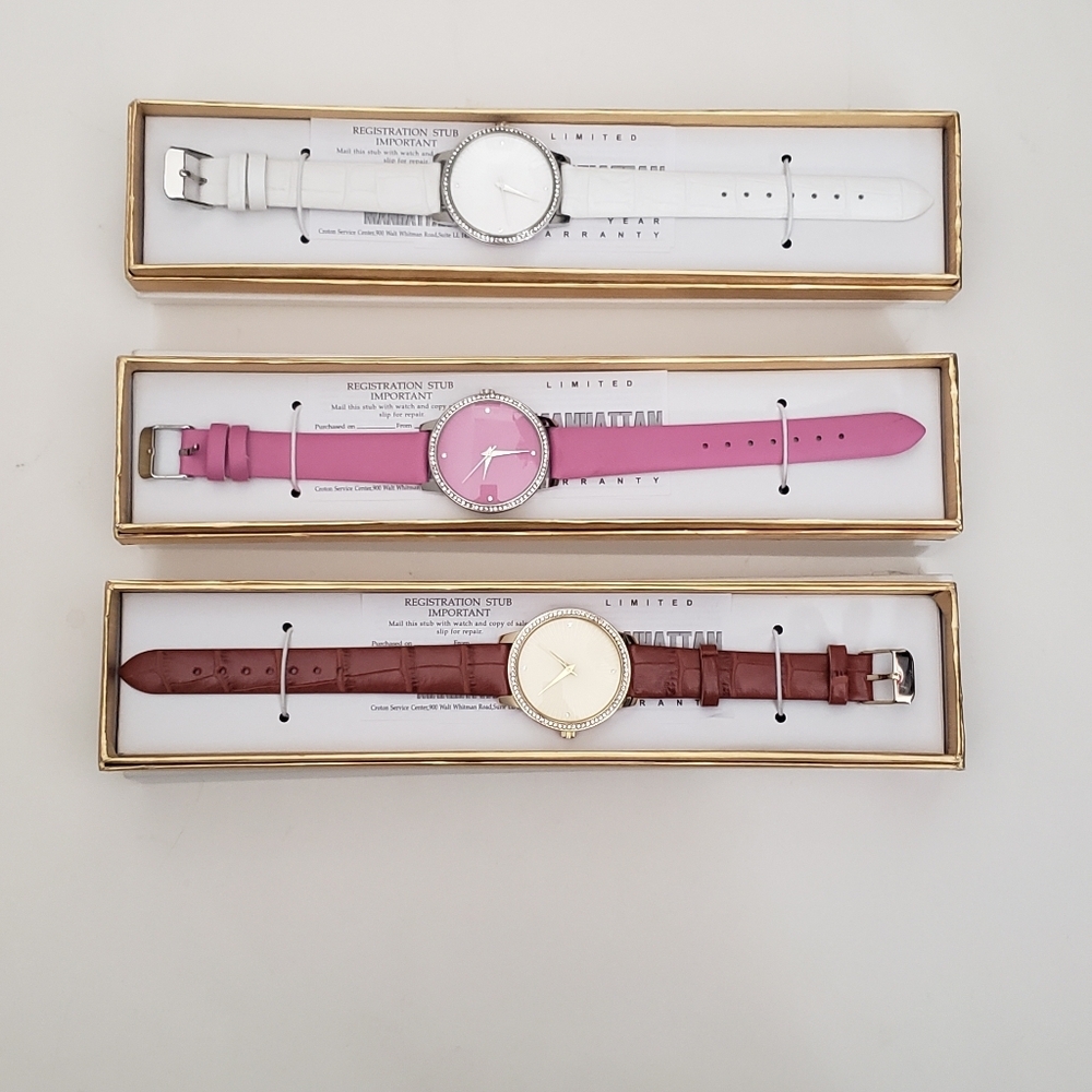 Manhattan Women’s Watches Bundle – 3 Watches w/ Boxes Pink, White, & Brown